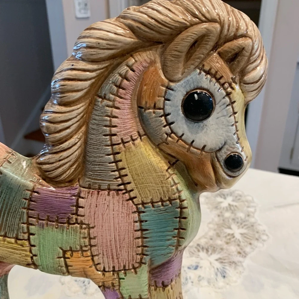Vintage Ceramic Patchwork Rocking Horse Figurine